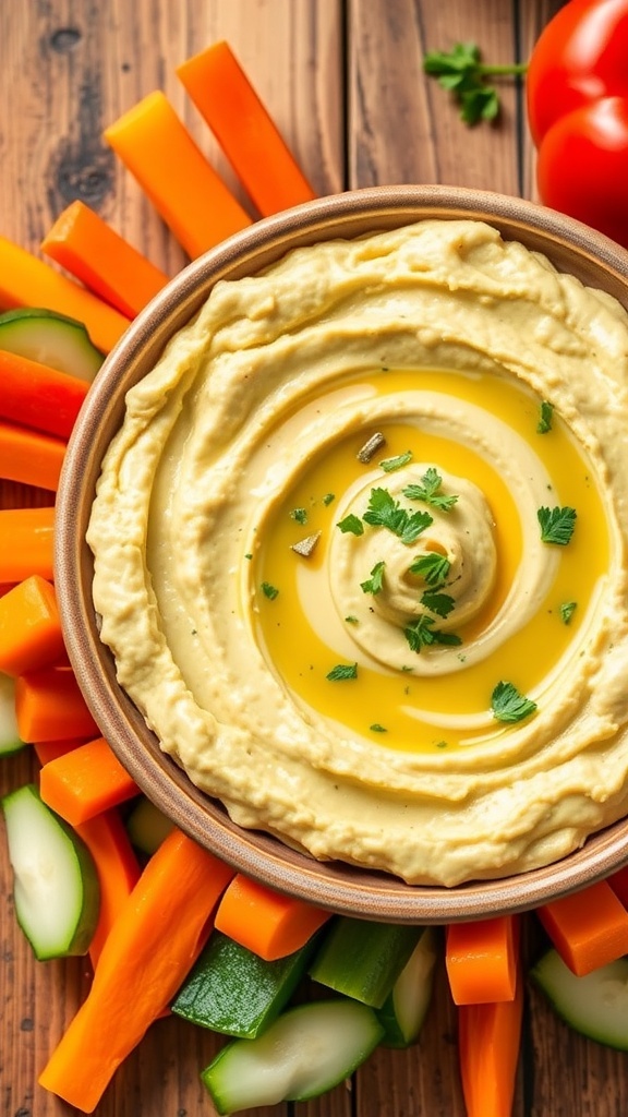 Creamy Zucchini Hummus Recipe A bowl of creamy zucchini hummus garnished with olive oil and herbs, served with vegetable sticks on a wooden table.